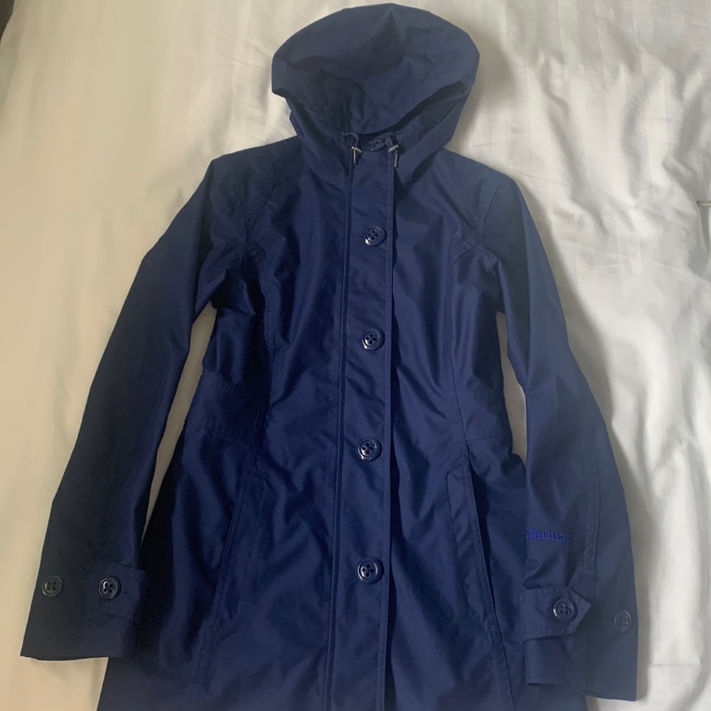 COPY - Marmot navy hooded snap closure faux buttoned hooded rain coat/jacket EUC